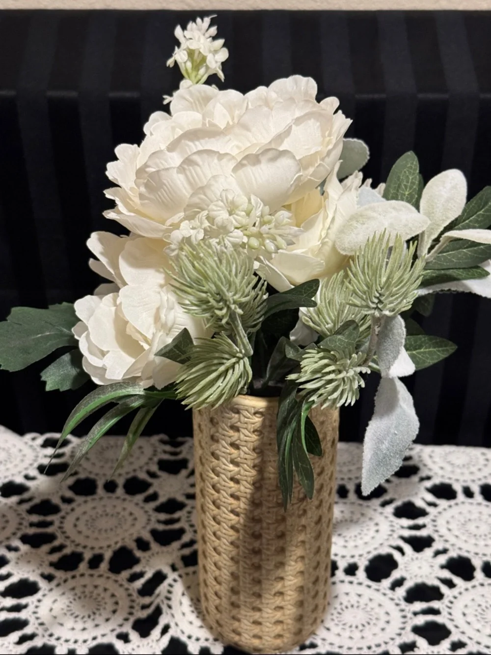 White Faux Peony Arrangement with greenery in a Textured Tan Vase